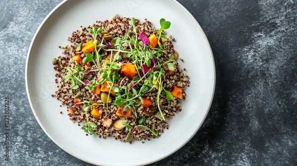 Fototapeta An elegant quinoa bowl garnished with microgreens and pumpkin seeds, presented on a fine white porcelain plate against a muted grey background