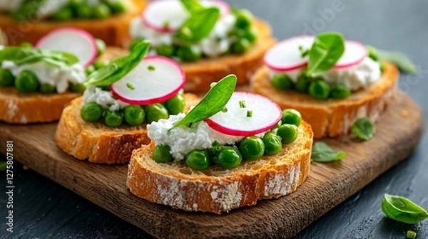Fototapeta A gourmet-style spring pea and radish crostini on a rustic wooden board, isolated on a dark slate background, with soft side lighting and elegant garnish details