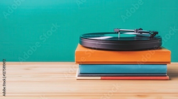 Fototapeta Vintage Turntable on Stack of Colorful Books with Teal Background