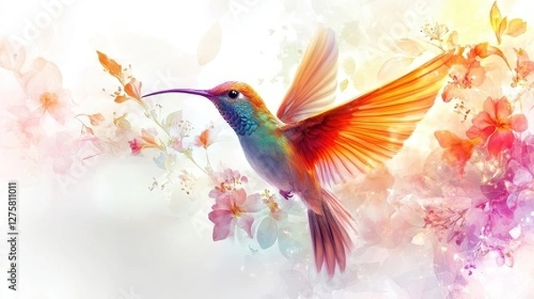 Fototapeta Ethereal exotic bird with delicate flowers, stained glass watercolor, shimmering translucent wings, soft floral gradients, centered on a pure white background, ultra