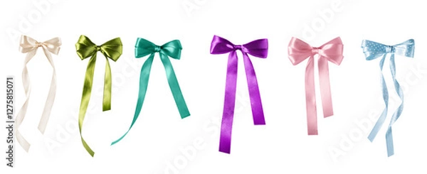 Obraz Set of ribbon tied bows isolated on transparent background for design . Satin multi coloured luxury ribbon bow elements for holiday packaging and design.