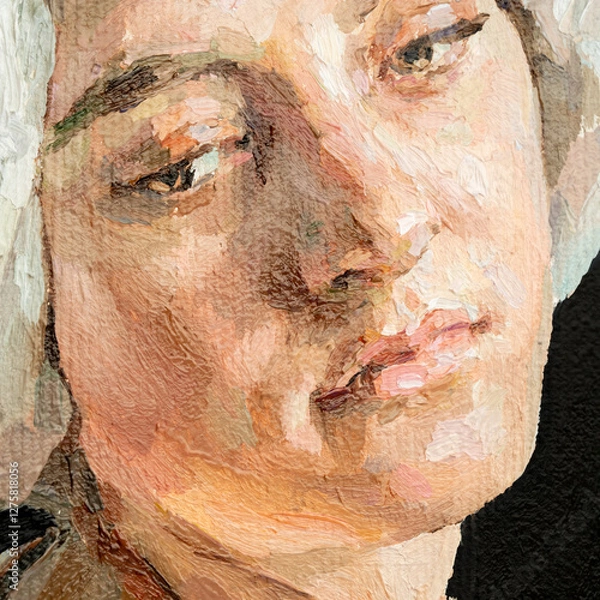 Fototapeta .GIRL with a scarf on her head. Portrait of a woman on a black background. Oil painting on canvas.