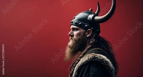 Fototapeta Viking on plain red background side view portrait