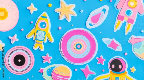 Fototapeta Groovy universe sticker pack - fun cosmic elements. Flying astronaut, alien in headphones, sun with headband, roller skating planet with comet fire trail, pink rocket, colorful stars and vinyl record.