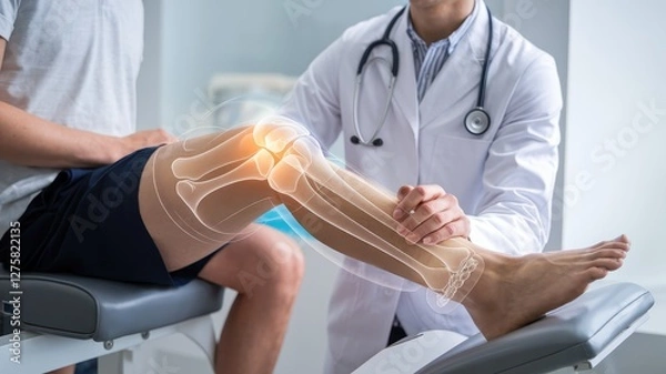 Fototapeta Knee pain surgery options concepts. A doctor examining a patient's knee with a visual emphasis on joint anatomy.