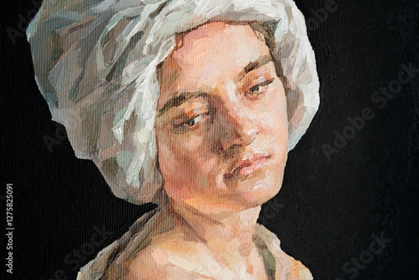 Fototapeta .GIRL with a scarf on her head. Portrait of a woman on a black background. Oil painting on canvas.