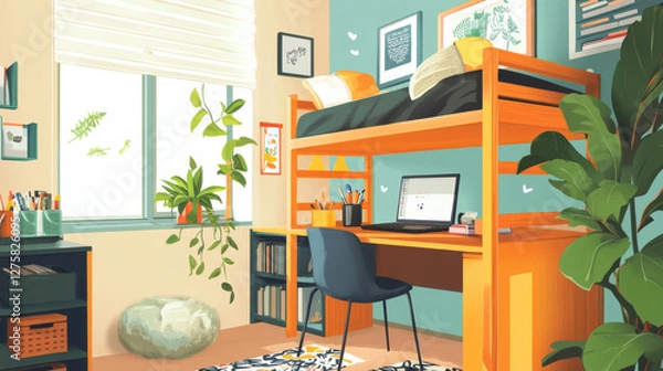 Fototapeta Hostel or student dormitory room interior stuff bunk bed with ladder, plant, bookshelf, workplace desk with laptop, files and chair. University living apartment items, isolated cartoon vector set