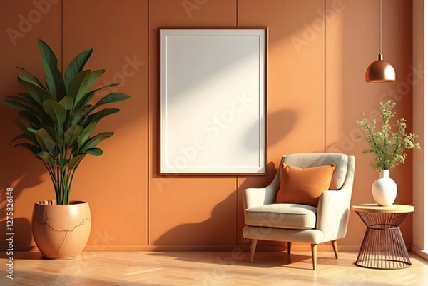 Fototapeta A modern interior design with a warm, earthy color scheme, featuring a beige armchair, orange cushion, wooden textured wall with empty picture frame, and a copper pendant light.