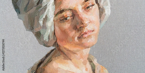 Fototapeta .GIRL with a scarf on her head. Portrait of a woman on a cardboard background. Oil painting on canvas.