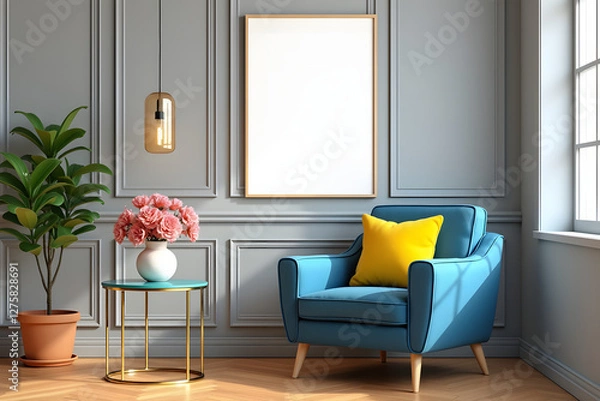 Fototapeta A modern interior design with a vibrant color scheme, featuring a deep blue armchair, yellow cushion, a soft grey paneled wall, a blank picture frame, terracotta plant, and warm hardwood floor.