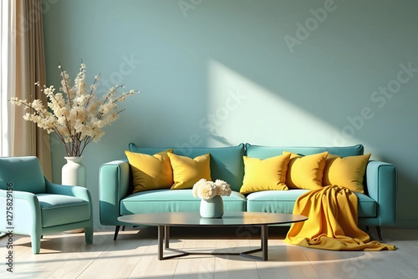 Fototapeta A modern, minimalist living room with a sleek turquoise sofa, yellow throw pillows, plush armchair, and natural light,  enhancing the serene and cohesive aesthetic of the space.