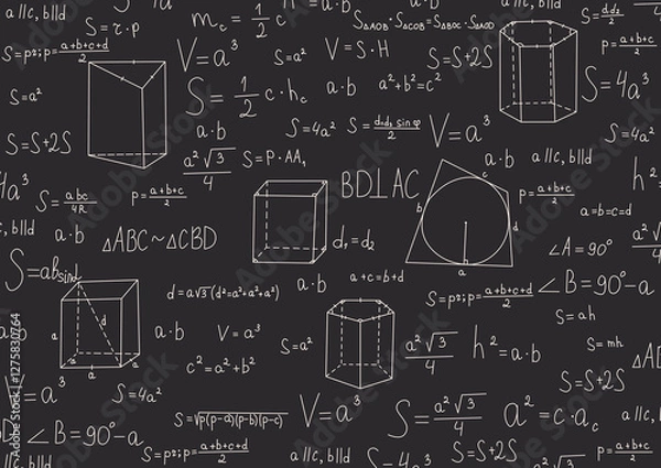 Fototapeta School-themed background with geometric formulas. Back to school, going to university. Exact science for technological design. Background with formulas. School blackboard with Geometry and algebra.