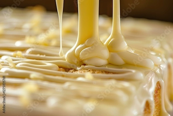 Obraz an Earl Grey Cake, drizzled with White Chocolate. The cake is made with butter, sugar, eggs, flour, baking powder, and a pinch of salt, infused with Earl Grey tea steeped in milk and lemon zest 
