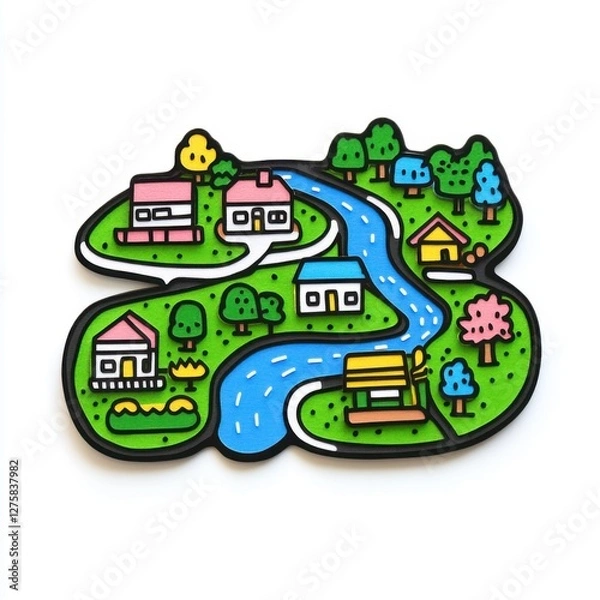 Fototapeta Colorful landscape illustration with houses, river, trees, and playful design elements for creative projects