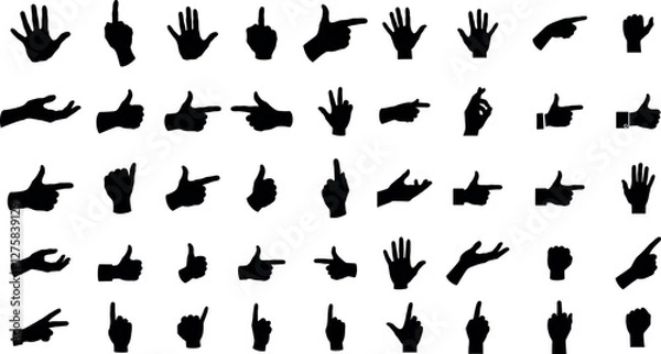 Obraz Diverse hand gestures in black silhouette style showcasing communication and expression in flat vector art