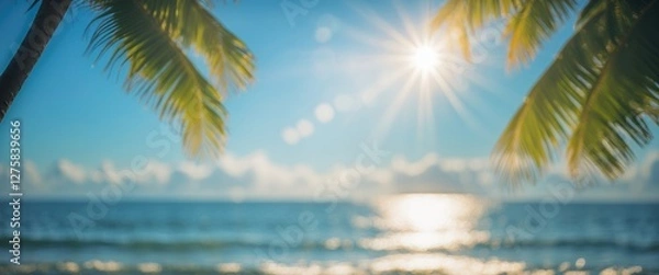 Fototapeta Serene Tropical Summer Background with Sunlight Glare on Water and Palm Leaves, Ideal for Vacation Themes and Nature-Inspired Designs