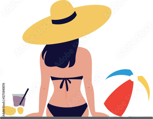 Fototapeta A woman relaxing by the pool wearing a large sun hat in flat vector art