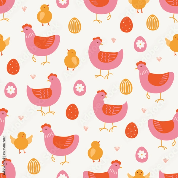 Obraz Easter seamless pattern with hens, eggs and chicken on white background. Perfect for wallpaper, gift paper, spring greeting cards. Vector hand drawn illustration