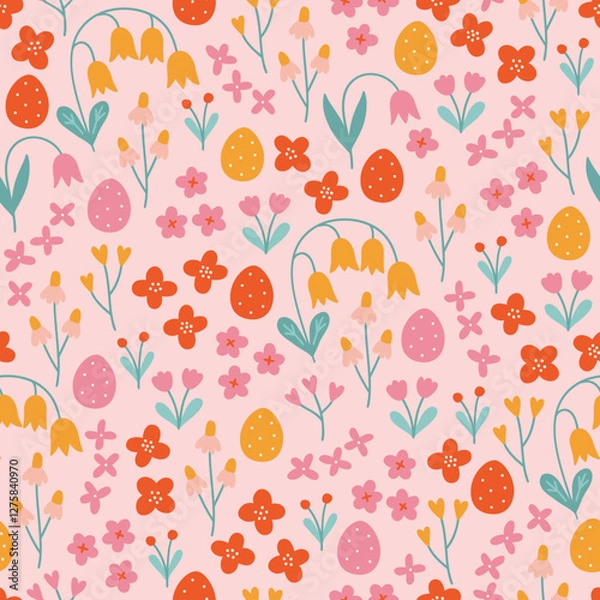 Obraz Easter seamless pattern with eggs, flowers and leaves on pink background. Perfect for wallpaper, gift paper, spring greeting cards. Vector hand drawn illustration