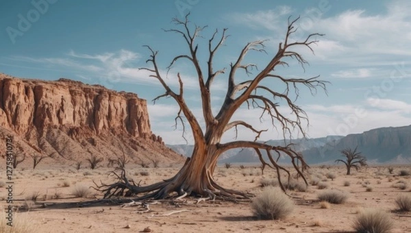 Fototapeta Desolate Desert Landscape Featuring A Dead Tree Against Rocky Cliffs With Clear Blue Sky And Space For Text Overlay
