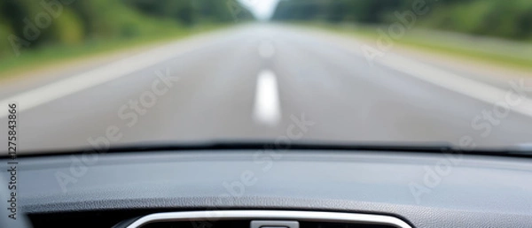 Fototapeta Close-up view of a car dashboard with a blurred road ahead.