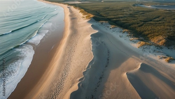 Obraz Aerial View of Serene Coastal Sand Dunes and Beaches with Gentle Waves and Lush Greenery in the Background