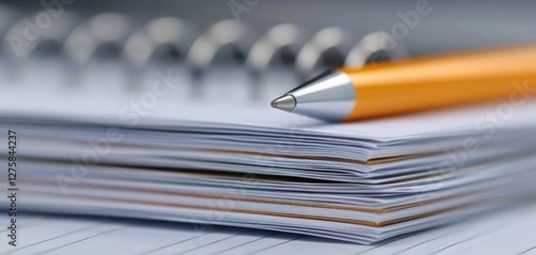Obraz Stack of papers with an orange pen on top and a spiral notebook in the background.