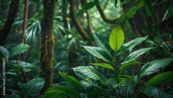 Fototapeta Lush Green Asian Rainforest Leaves with Soft Light and Ambient Atmosphere in a Dense Tropical Jungle Setting