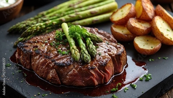 Fototapeta Grilled Beef Steak Served with Fresh Asparagus and Crispy Fried Potatoes on a Slate Plate