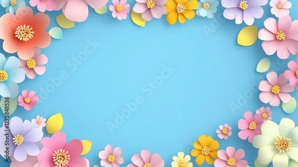 Fototapeta A vibrant arrangement of multicolored paper flowers and leaves encircles a serene blue background, creating a cheerful and inviting atmosphere.