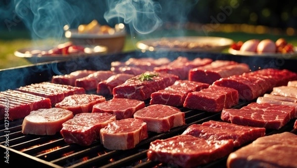 Fototapeta Grilling Fresh Beef and Pork Cuts on BBQ with Smoky Background and Space for Text in Summer Outdoor Setting