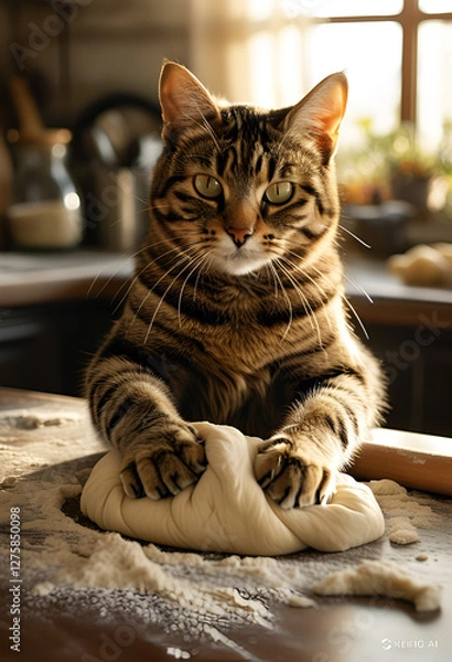 Fototapeta Baking cat in kitchen, Funny cat kneading dough, Adorable cat chef, Tabby cat making bread, Cute baker cat, Playful feline in kitchen, Cat paws on dough.

