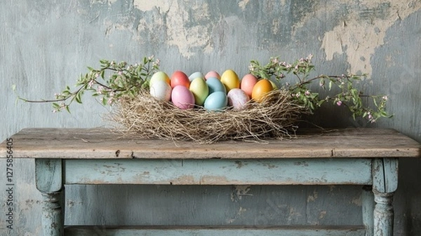 Fototapeta Embrace a warm Easter ambiance with a straw nest of hand-painted eggs, set on a table adorned with a lace doily and surrounded by charming country-style decor.

