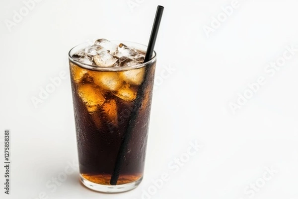 Fototapeta Refreshing energy drink displayed in a clear glass with ice on a clean white background