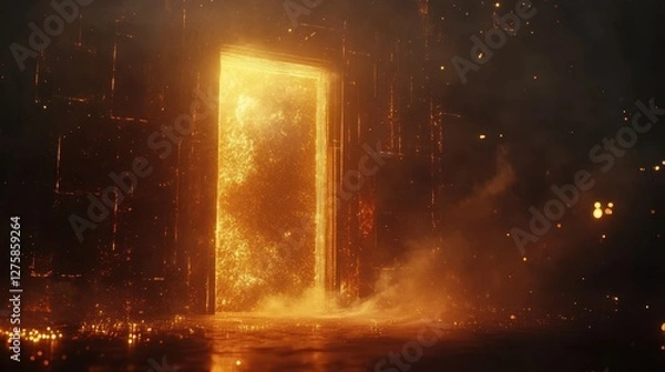 Fototapeta An otherworldly glowing door emanating golden light, surrounded by mist and darkness, creating a mystical and ethereal atmosphere.