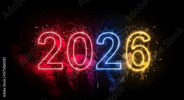 Fototapeta Year 2026 in vibrant neon typography with fireworks in the night sky.