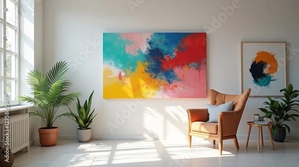 Fototapeta A collection of abstract paintings arranged on a wall in a bright studio 
