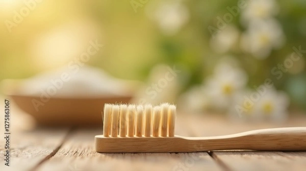 Fototapeta A natural bamboo toothbrush with soft bristles 