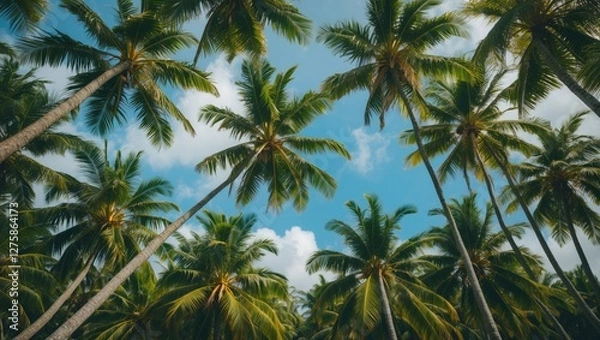 Fototapeta Tropical Coconut Trees Canopy Against Clear Blue Sky Creating a Lush Island Paradise Atmosphere