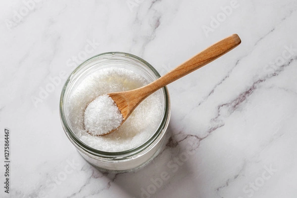 Obraz Full spoon in a jar of monosodium glutamate over kitchen marble counter. Flavor enhancer MSG white crystals in a glass container. E621 food additive concept.