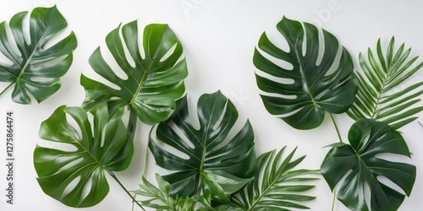 Fototapeta Lush Green Monstera Leaves Arranged on White Background for Decorative Use with Ample Space for Text or Graphics in Modern Design.