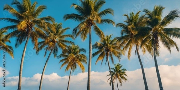 Fototapeta Tropical Paradise Scene with Tall Palm Trees Against a Clear Blue Sky and Empty Space for Text or Overlay Design