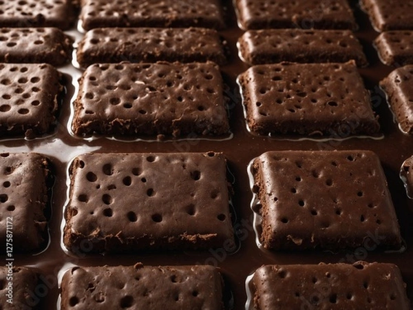 Fototapeta This image shows a close-up of the surface of a chocolate-covered biscuit or cracker. Generative AI. 