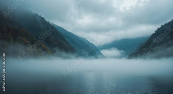 Fototapeta Misty Landscape Over Serene Water with Mountains in the Background Under Cloudy Sky