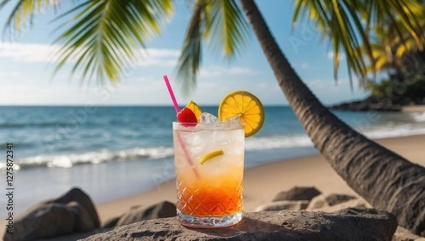 Fototapeta Tropical Summer Cocktail With Fresh Fruits On Beach With Palm Tree And Calm Ocean Background At Sunset