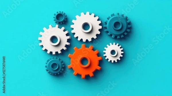 Obraz Colorful Interlocking Gears on a Blue Background