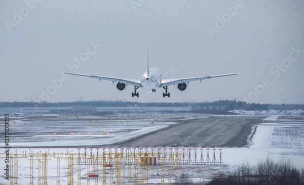 Fototapeta The plane is landing to runway in winter