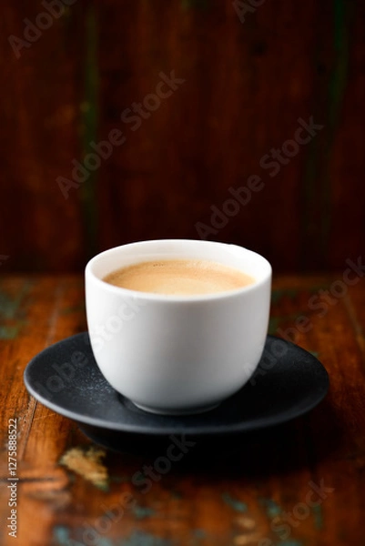 Obraz Cup of coffee on wooden background. Soft focus. Copy space.	