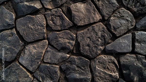 Fototapeta A close-up view of textured black stones arranged in a rugged pattern, showcasing natural variations and earthy tones.