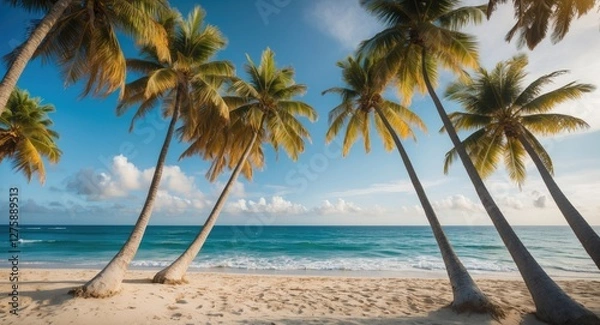 Fototapeta Tropical Beach Landscape with Leaning Palm Trees and Calm Ocean Waves Under a Clear Blue Sky